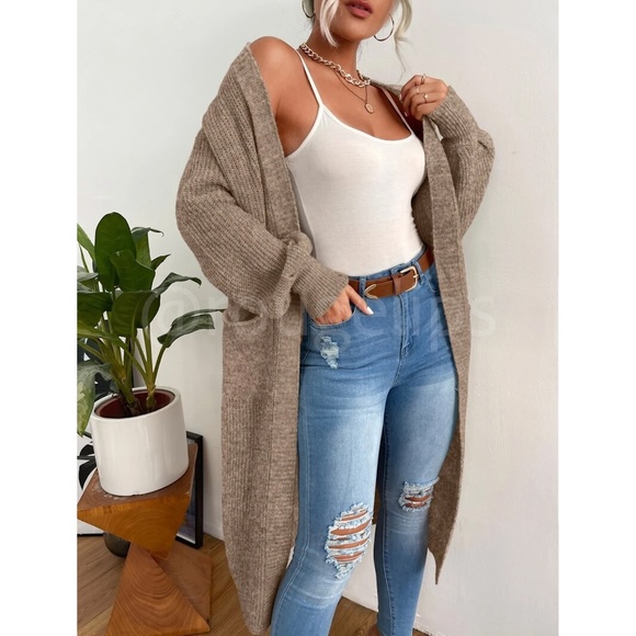 Rouge! Sweaters - Brown Duster Cardigan Front Pockets Cable Knit  Long Sleeve  Midi Length